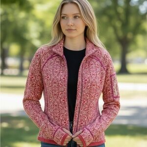 TITLE NINE Red & White Damask Geometric Full Zip Jacket Hoodie Size S Thumbhole